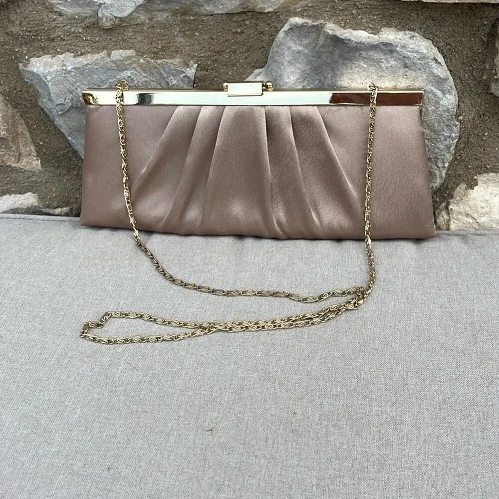 Jessica McClintock gold satin clutch purse with Gold Chain 10x4